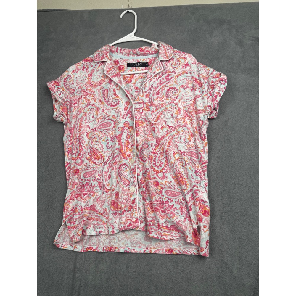 Lauren Ralph Lauren Pink Paisley Pajama Set Short Sleeve Button Top Pants Small
